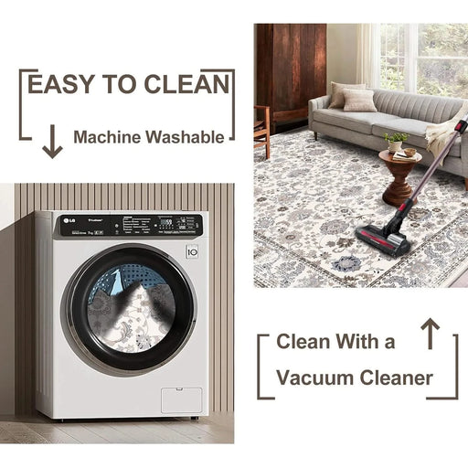 Area Rug 6x9 Vintage Bohemia Non-slip Washable Rug For Living Room Kitchen Bedroom Living Room Flower Design Light Khaki/Beige Default -DTYStore