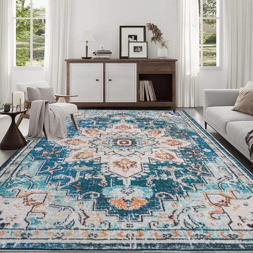 Area Rug 8x10 Vintage Bohemia Large Persian Non-slip Washable Rug For Living Room Kitchen Bedroom Living Room Flower Design Blue/Gold Default -DTYStore