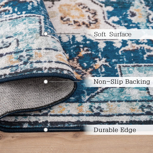 Area Rug 8x10 Vintage Bohemia Large Persian Non-slip Washable Rug For Living Room Kitchen Bedroom Living Room Flower Design Blue/Gold Default -DTYStore