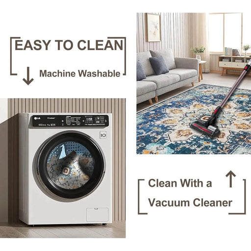 Area Rug 8x10 Vintage Bohemia Large Persian Non-slip Washable Rug For Living Room Kitchen Bedroom Living Room Flower Design Blue/Gold Default -DTYStore