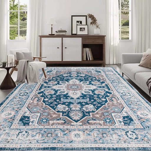 Area Rug 8x10 Vintage Bohemia Large Persian Non-slip Washable Rug For Living Room Kitchen Bedroom Living Room Flower Design Blue Default -DTYStore