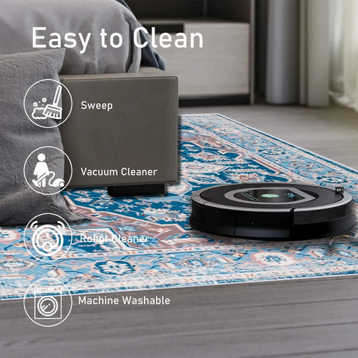 Area Rug 8x10 Vintage Bohemia Large Persian Non-slip Washable Rug For Living Room Kitchen Bedroom Living Room Flower Design Blue Default -DTYStore