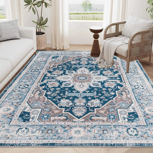 Area Rug 8x10 Vintage Bohemia Large Persian Non-slip Washable Rug For Living Room Kitchen Bedroom Living Room Flower Design Blue Default -DTYStore