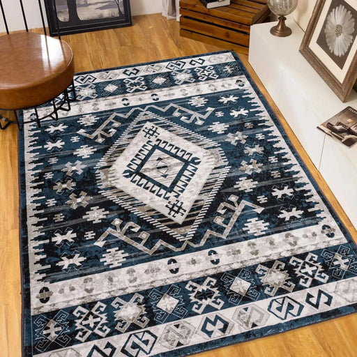 Area Rug 8x10 Vintage Bohemia Large Persian Non-slip Washable Rug For Living Room Kitchen Bedroom Living Room Geometry Blue/Black Default -DTYStore