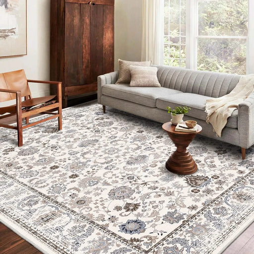 Area Rug 8x10 Vintage Bohemia Non-slip Washable Rug For Living Room Kitchen Bedroom Living Room Flower Design Light Khaki/Beige Default -DTYStore