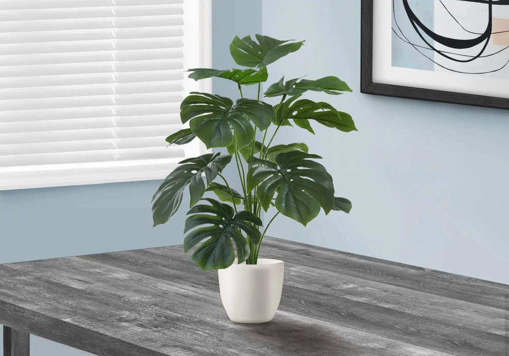 Artificial Plant, 24' Tall, Monstera, Indoor, Faux, Fake, Table, Greenery, Potted, Real Touch, Decorative, Green Leaves, White Pot Default -DTYStore