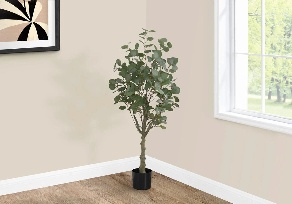 Artificial Plant, 46' Tall, Eucalyptus Tree, Indoor, Faux, Fake, Floor, Greenery, Potted, Decorative, Green Leaves, Black Pot Default -DTYStore