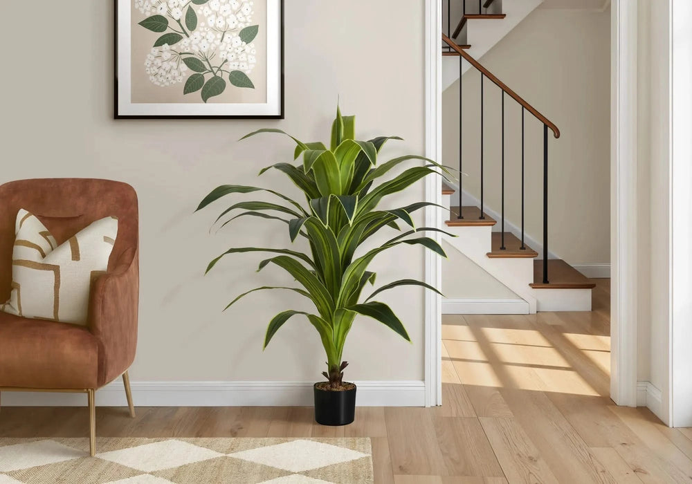 Artificial Plant, 47' Tall, Dracaena Tree, Indoor, Faux, Fake, Floor, Greenery, Potted, Real Touch, Decorative, Green Leaves, Black Pot Default -DTYStore