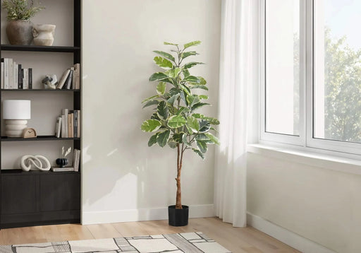 Artificial Plant, 52' Tall, Rubber Tree, Indoor, Faux, Fake, Floor, Greenery, Potted, Real Touch, Decorative, Green Leaves, Black Pot Default -DTYStore