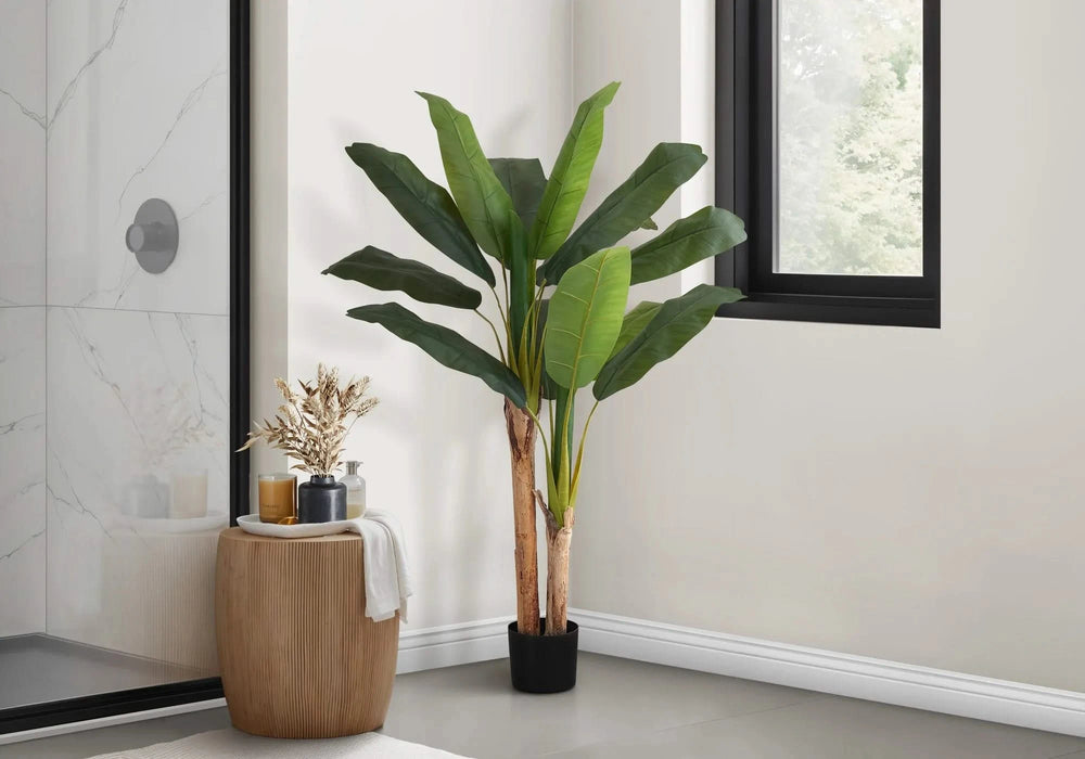 Artificial Plant, 55' Tall, Banana Tree, Indoor, Faux, Fake, Floor, Greenery, Potted, Real Touch, Decorative, Green Leaves, Black Pot Default -DTYStore