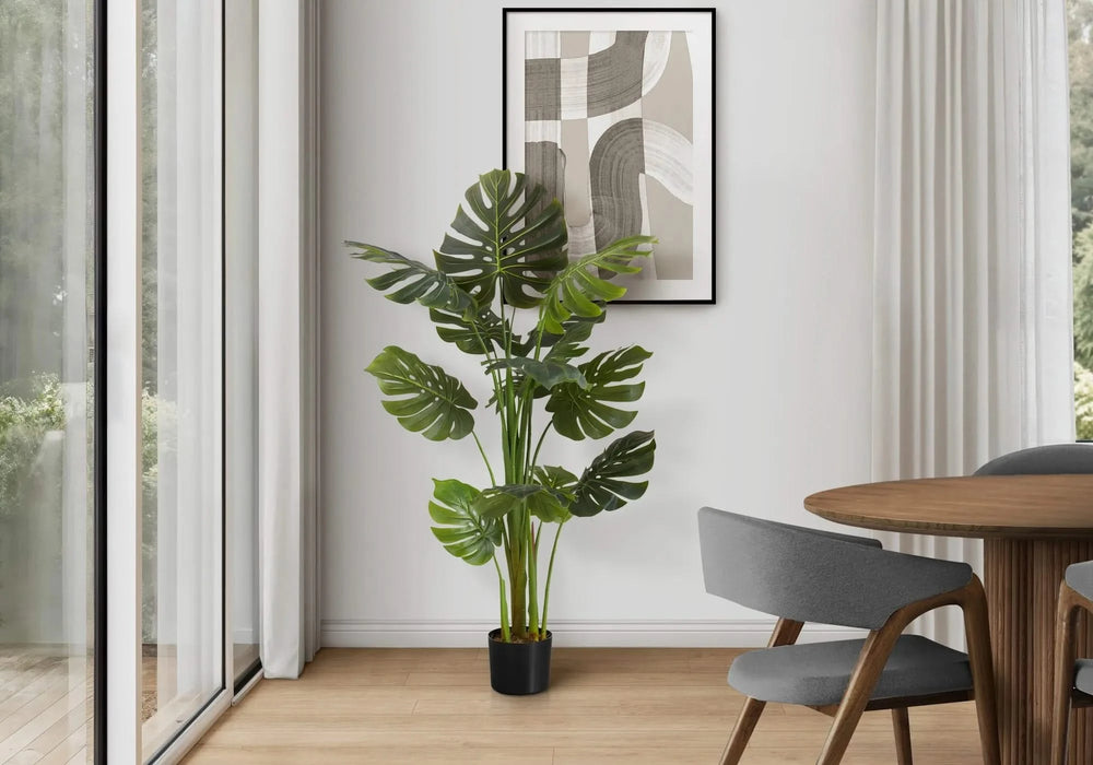 Artificial Plant, 55' Tall, Monstera Tree, Indoor, Faux, Fake, Floor, Greenery, Potted, Real Touch, Decorative, Green Leaves, Black Pot Default -DTYStore