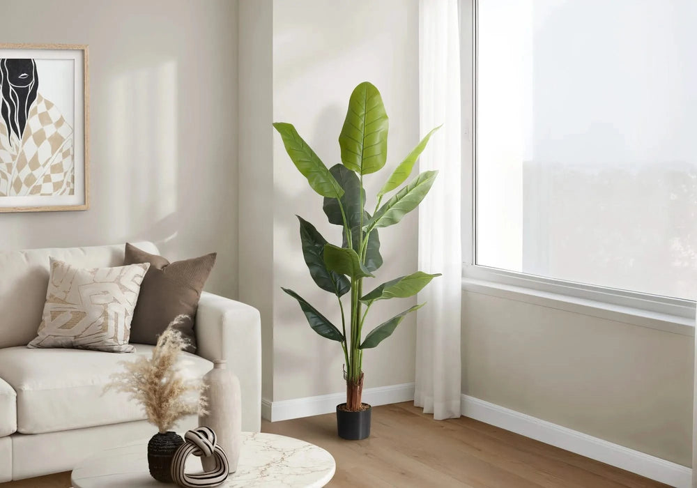 Artificial Plant, 59' Tall, Strelitzia Tree, Indoor, Faux, Fake, Floor, Greenery, Potted, Real Touch, Decorative, Green Leaves, Black Pot Default -DTYStore