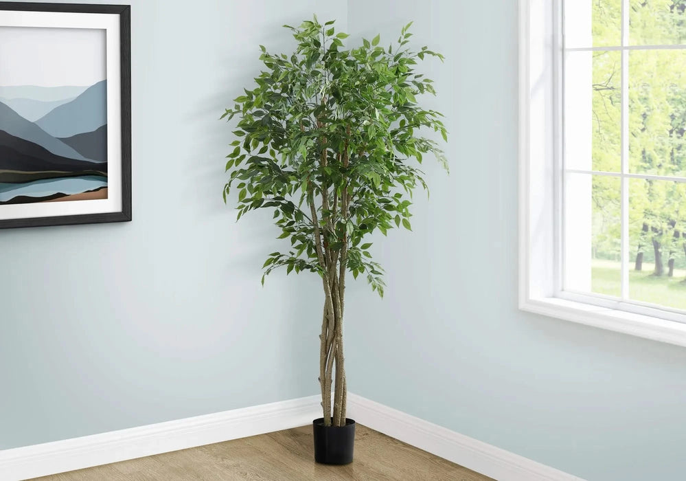 Artificial Plant, 79' Tall, Ficus Tree, Floor, Real Touch, Potted, Green Leaves, Black Pot Default -DTYStore