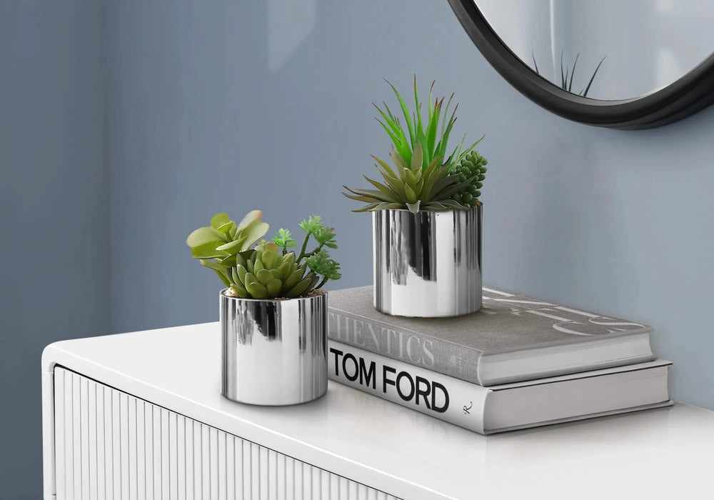 Artificial Plant, 7' Tall, Succulent, Indoor, Faux, Fake, Table, Greenery, Potted, Set Of 2, Decorative, Green Plants, Chrome Pots Default -DTYStore