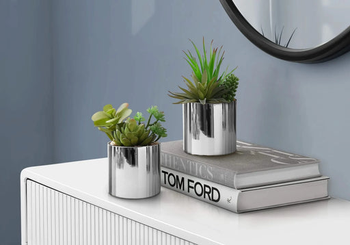 Artificial Plant, 7' Tall, Succulent, Indoor, Faux, Fake, Table, Greenery, Potted, Set Of 2, Decorative, Green Plants, Chrome Pots Default -DTYStore