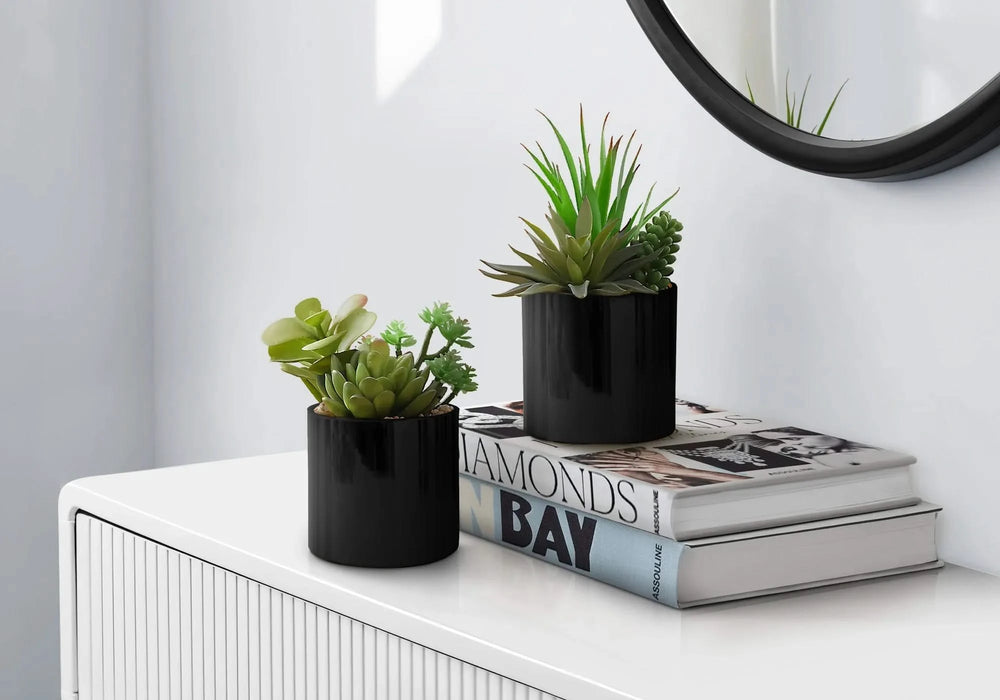 Artificial Plant, 7' Tall, Succulent, Indoor, Faux, Fake, Table, Greenery, Potted, Set Of 2, Decorative, Green Plants, Glossy Black Pots Default -DTYStore