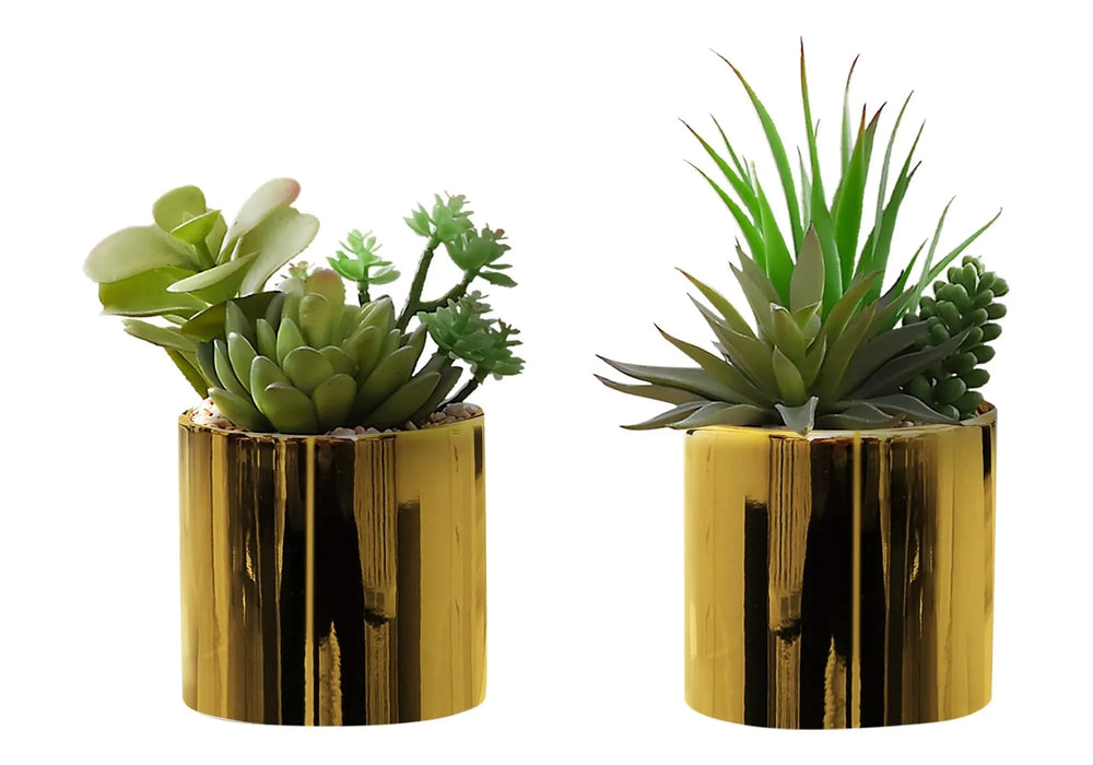 Artificial Plant, 7' Tall, Succulent, Indoor, Faux, Fake, Table, Greenery, Potted, Set Of 2, Decorative, Green Plants, Glossy Gold Pots Default -DTYStore