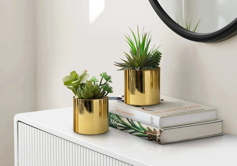 Artificial Plant, 7' Tall, Succulent, Indoor, Faux, Fake, Table, Greenery, Potted, Set Of 2, Decorative, Green Plants, Glossy Gold Pots Default -DTYStore