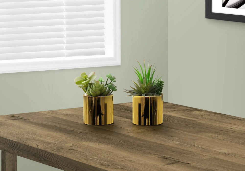 Artificial Plant, 7' Tall, Succulent, Indoor, Faux, Fake, Table, Greenery, Potted, Set Of 2, Decorative, Green Plants, Glossy Gold Pots Default -DTYStore