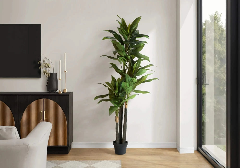 Artificial Plant, 83' Tall, Indoor, Dracaena Tree, Decorative, Faux, Fake, Floor, Potted, Real Touch, Green Leaves, Black Pot Default -DTYStore