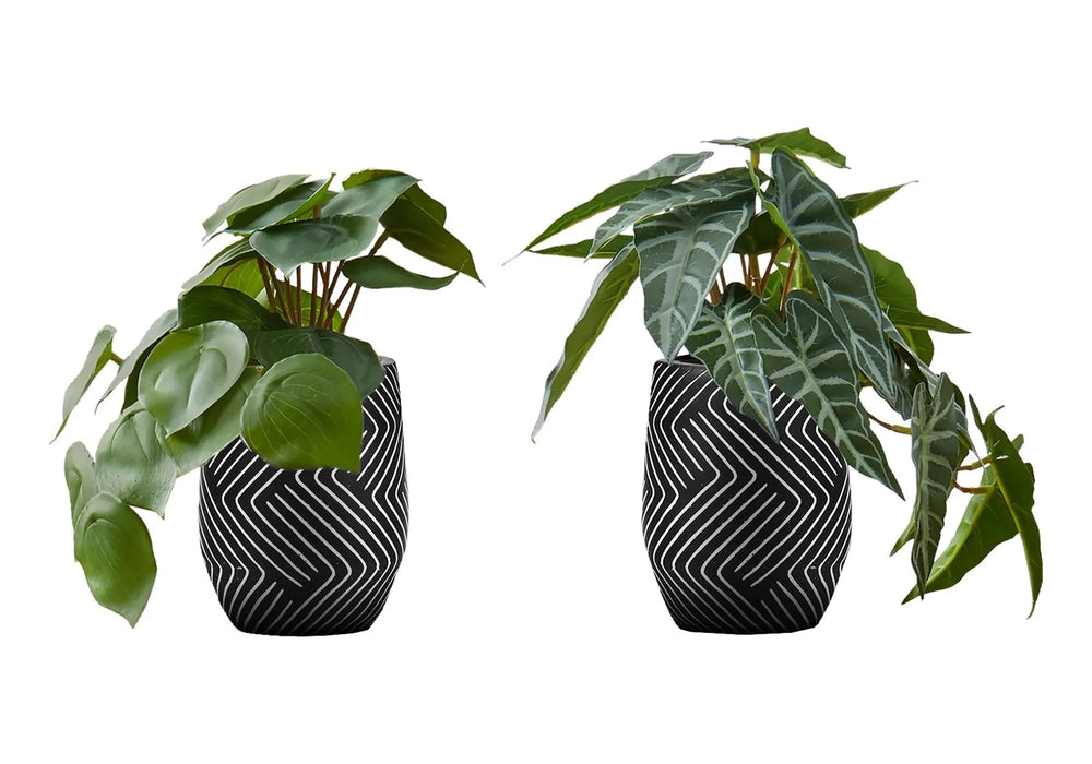 Artificial Plant, 8' Tall, Alocasia, Indoor, Faux, Fake, Table, Greenery, Potted, Set Of 2, Decorative, Green Leaves, Black Cement Pots Default -DTYStore