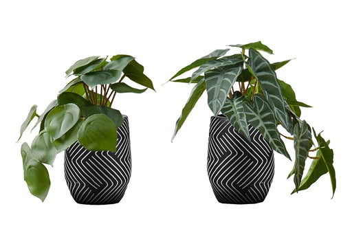 Artificial Plant, 8' Tall, Alocasia, Indoor, Faux, Fake, Table, Greenery, Potted, Set Of 2, Decorative, Green Leaves, Black Cement Pots Default -DTYStore