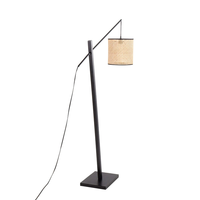 Arturo Contemporary Floor Lamp in Black Wood and Black Steel with Rattan Shade by LumiSource Default -DTYStore