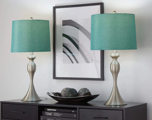 Ashland 27' Contemporary Metal Table Lamp in Brushed Nickel with Turquoise Textured Linen Shade from Grandview Gallery by LumiSource - Set of 2 Default -DTYStore