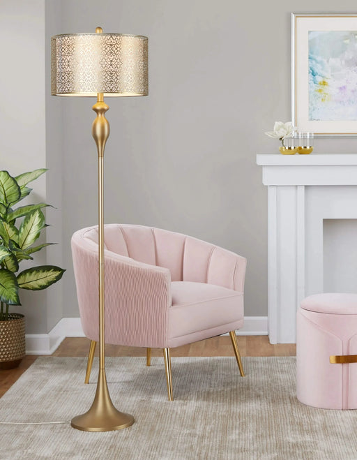 Ashland 63' Contemporary Metal Floor Lamp in Gold Metal with Laser Cut Metal and Off-White Linen Shade from Grandview Gallery by LumiSource Default -DTYStore