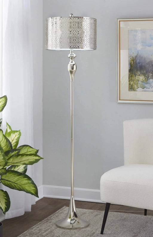 Ashland 63' Contemporary Metal Floor Lamp in Polished Nickel with Laser Cut Metal and White Linen Shade from Grandview Gallery by LumiSource Default -DTYStore