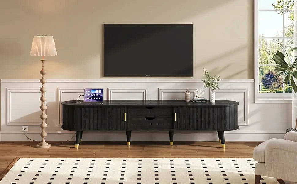 [Assembly Video]Wooden Oval Fluted TV Stand with Charging Station for TV up to 80', Mid-Century Media Console with Sliding Tambour Door, Farmhouse TV Cabinet with Golden Handle for Living Room, Black Default -DTYStore