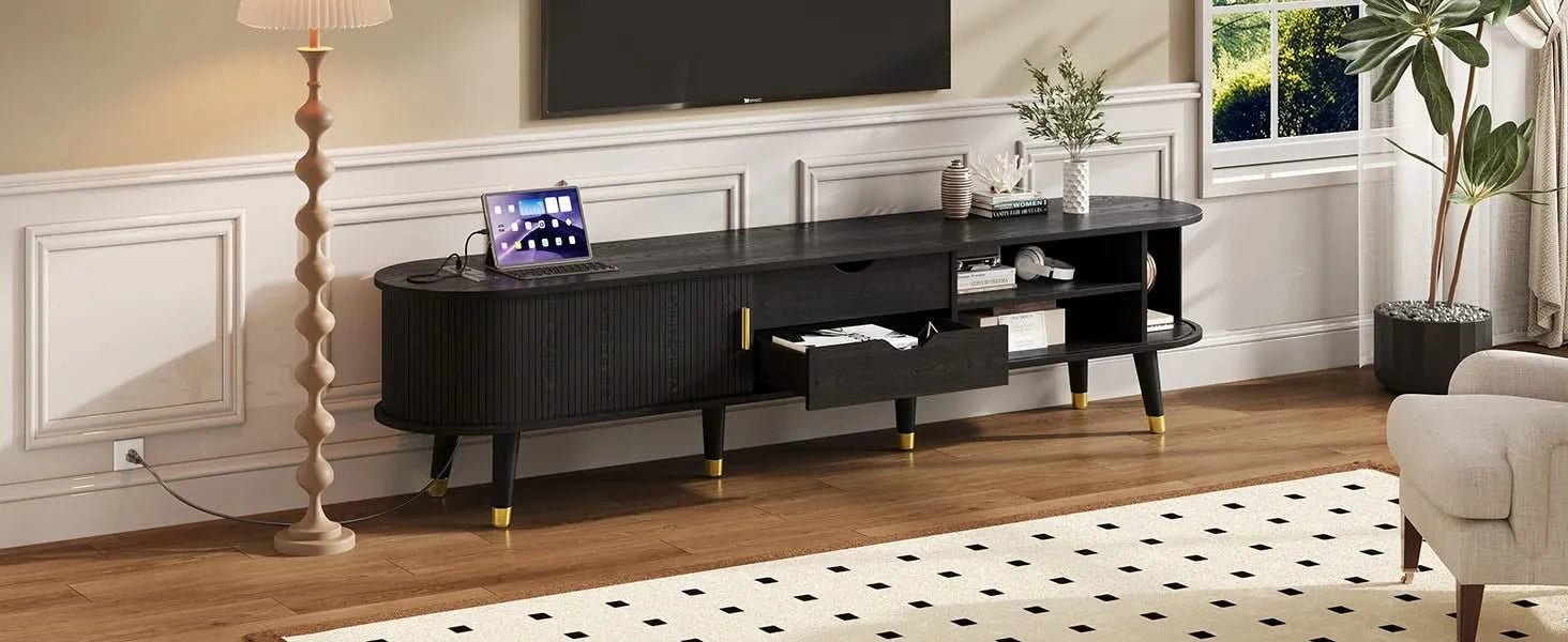 [Assembly Video]Wooden Oval Fluted TV Stand with Charging Station for TV up to 80', Mid-Century Media Console with Sliding Tambour Door, Farmhouse TV Cabinet with Golden Handle for Living Room, Black Default -DTYStore