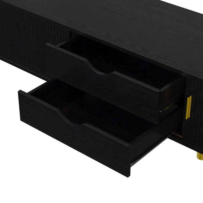 [Assembly Video]Wooden Oval Fluted TV Stand with Charging Station for TV up to 80', Mid-Century Media Console with Sliding Tambour Door, Farmhouse TV Cabinet with Golden Handle for Living Room, Black Default -DTYStore