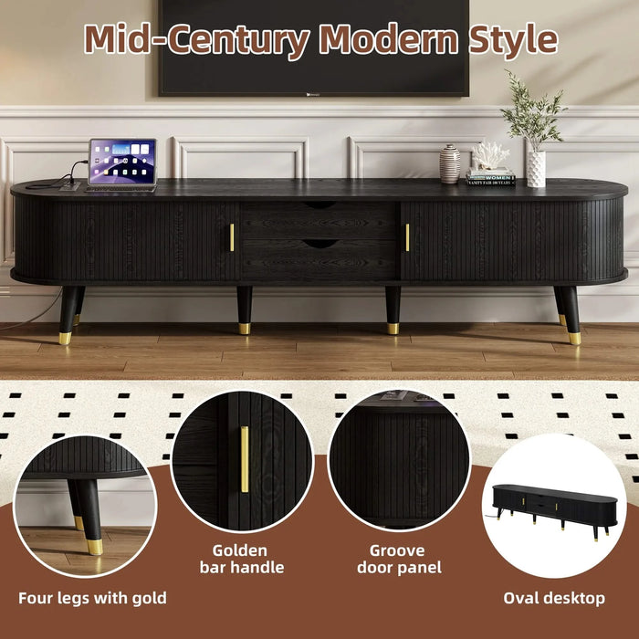 [Assembly Video]Wooden Oval Fluted TV Stand with Charging Station for TV up to 80', Mid-Century Media Console with Sliding Tambour Door, Farmhouse TV Cabinet with Golden Handle for Living Room, Black Default -DTYStore