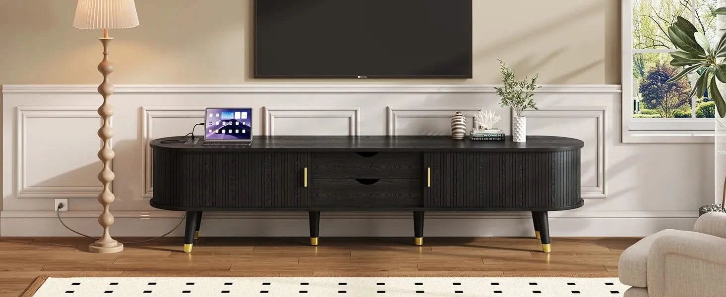 [Assembly Video]Wooden Oval Fluted TV Stand with Charging Station for TV up to 80', Mid-Century Media Console with Sliding Tambour Door, Farmhouse TV Cabinet with Golden Handle for Living Room, Black Default -DTYStore