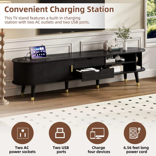 [Assembly Video]Wooden Oval Fluted TV Stand with Charging Station for TV up to 80', Mid-Century Media Console with Sliding Tambour Door, Farmhouse TV Cabinet with Golden Handle for Living Room, Black Default -DTYStore