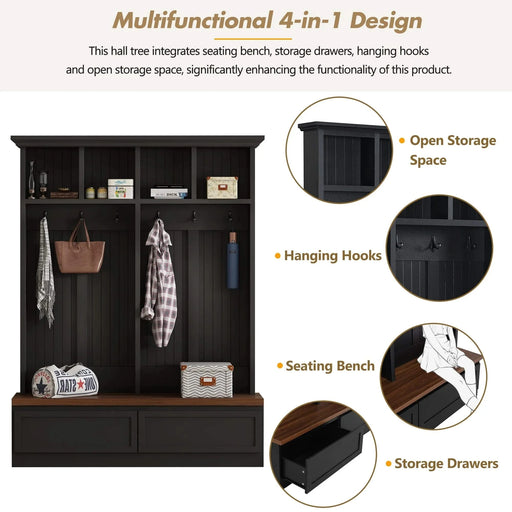 [Assembly Video] Farmhouse 4-in-1 Hall Tree with Wood Grain Bench, Mudroom Versatile Coat Rack with 2 Large Drawer, Entrance Organizer for Hallway, Living Room, Black, 55.9'W (Same as N721P205660) Default -DTYStore