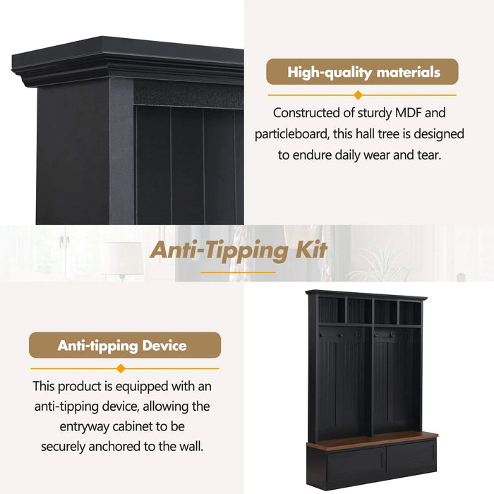 [Assembly Video] Farmhouse 4-in-1 Hall Tree with Wood Grain Bench, Mudroom Versatile Coat Rack with 2 Large Drawer, Entrance Organizer for Hallway, Living Room, Black, 55.9'W (Same as N721P205660) Default -DTYStore