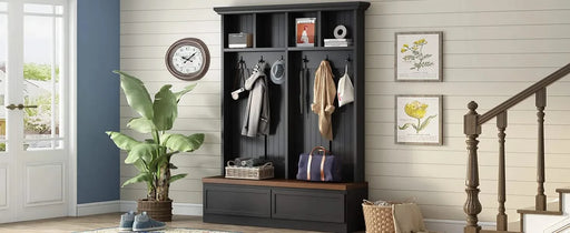 [Assembly Video] Farmhouse 4-in-1 Hall Tree with Wood Grain Bench, Mudroom Versatile Coat Rack with 2 Large Drawer, Entrance Organizer for Hallway, Living Room, Black, 55.9'W (Same as N721P205660) Default -DTYStore