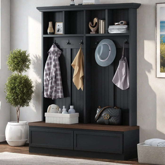 [Assembly Video] Farmhouse 4-in-1 Hall Tree with Wood Grain Bench, Mudroom Versatile Coat Rack with 2 Large Drawer, Entrance Organizer for Hallway, Living Room, Black, 55.9'W (Same as N721P205660) Default -DTYStore