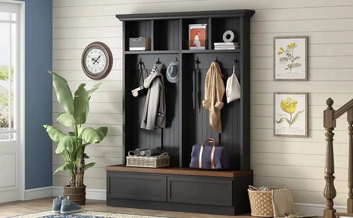 [Assembly Video] Farmhouse 4-in-1 Hall Tree with Wood Grain Bench, Mudroom Versatile Coat Rack with 2 Large Drawer, Entrance Organizer for Hallway, Living Room, Black, 55.9'W (Same as N721P205660) Default -DTYStore