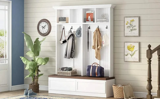 [Assembly Video] Farmhouse 4-in-1 Hall Tree with Wood Grain Bench, Mudroom Versatile Coat Rack with 2 Large Drawer, Entrance Organizer for Hallway, Living Room, White, 55.9'W (Same as N721P205660) Default -DTYStore