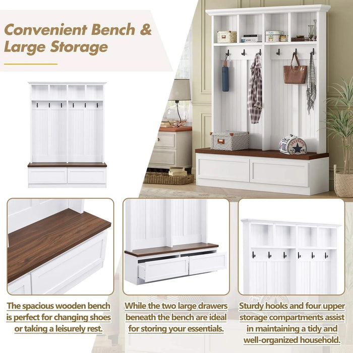 [Assembly Video] Farmhouse 4-in-1 Hall Tree with Wood Grain Bench, Mudroom Versatile Coat Rack with 2 Large Drawer, Entrance Organizer for Hallway, Living Room, White, 55.9'W (Same as N721P205660) Default -DTYStore