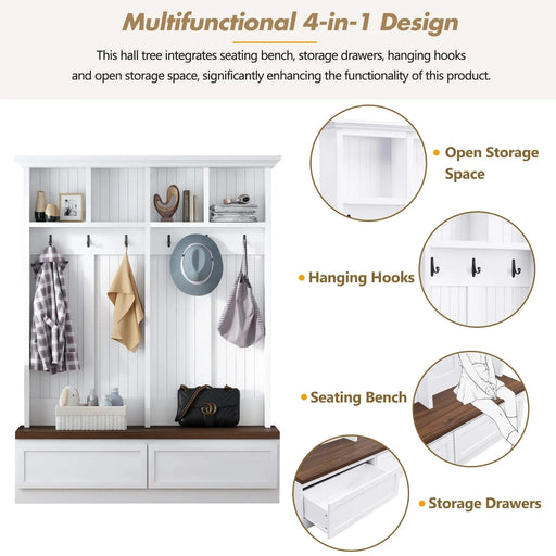 [Assembly Video] Farmhouse 4-in-1 Hall Tree with Wood Grain Bench, Mudroom Versatile Coat Rack with 2 Large Drawer, Entrance Organizer for Hallway, Living Room, White, 55.9'W (Same as N721P205660) Default -DTYStore