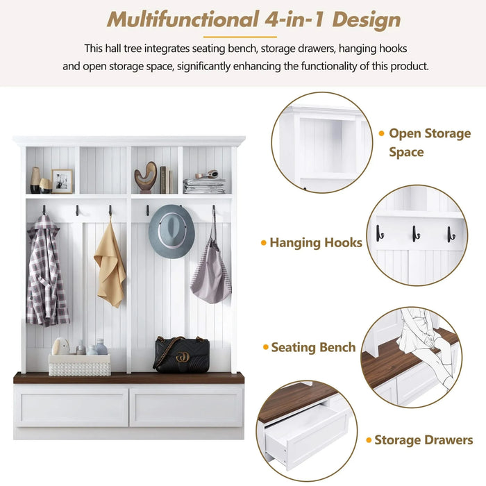 [Assembly Video] Farmhouse 4-in-1 Hall Tree with Wood Grain Bench, Mudroom Versatile Coat Rack with 2 Large Drawer, Entrance Organizer for Hallway, Living Room, White, 55.9'W (Same as N721P205660) Default -DTYStore