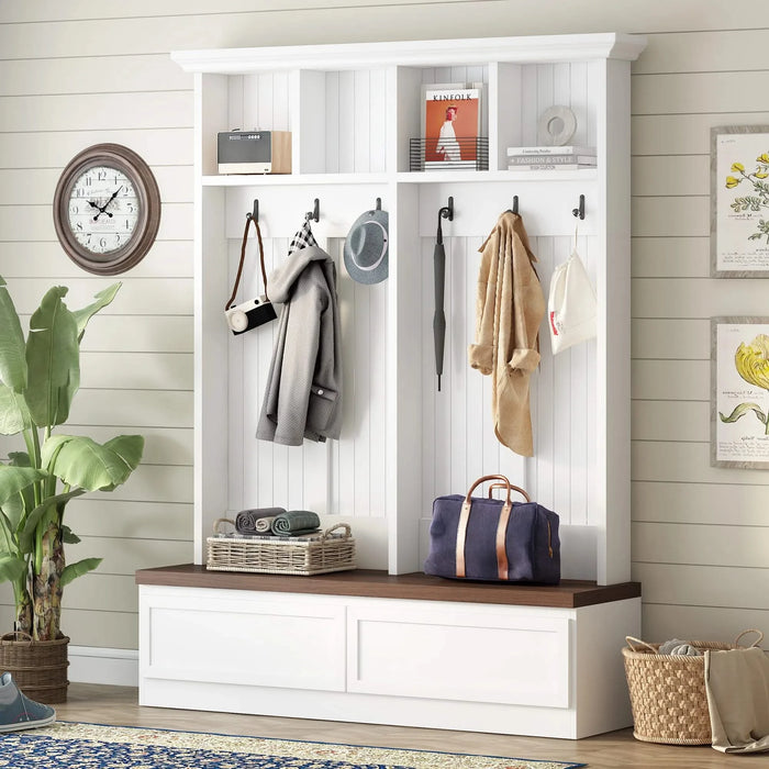[Assembly Video] Farmhouse 4-in-1 Hall Tree with Wood Grain Bench, Mudroom Versatile Coat Rack with 2 Large Drawer, Entrance Organizer for Hallway, Living Room, White, 55.9'W (Same as N721P205660) Default -DTYStore
