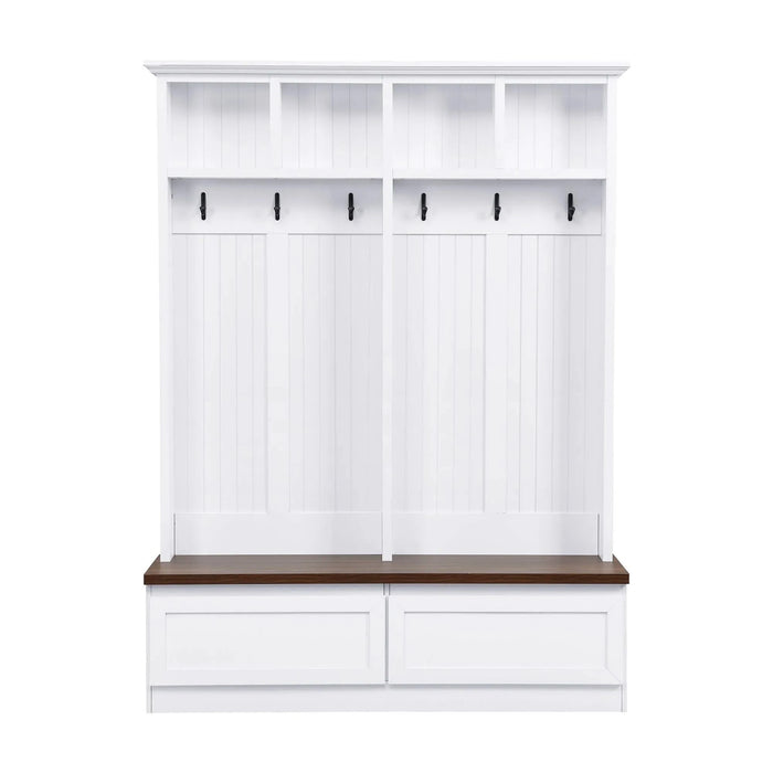 [Assembly Video] Farmhouse 4-in-1 Hall Tree with Wood Grain Bench, Mudroom Versatile Coat Rack with 2 Large Drawer, Entrance Organizer for Hallway, Living Room, White, 55.9'W (Same as N721P205660) Default -DTYStore