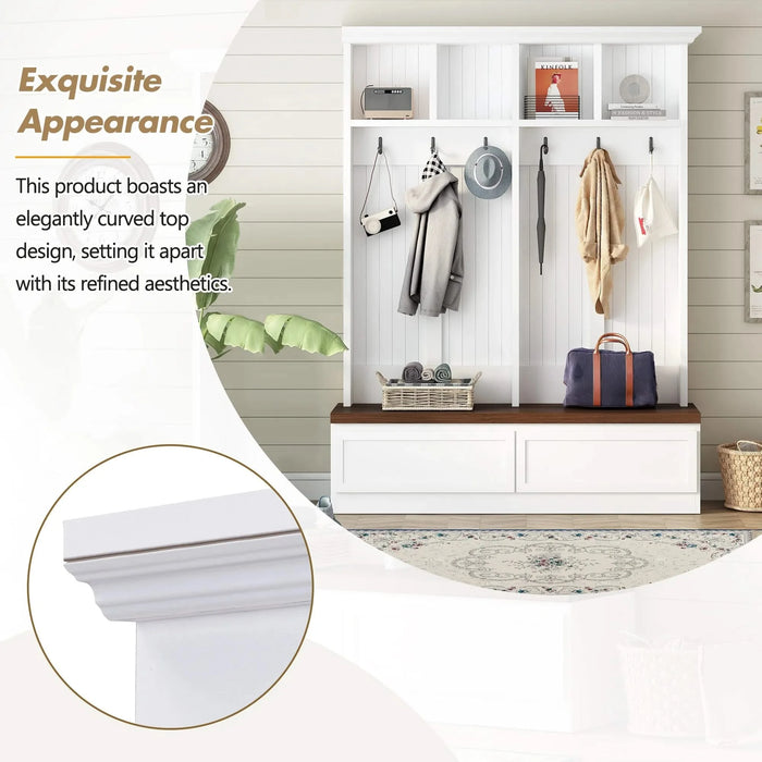 [Assembly Video] Farmhouse 4-in-1 Hall Tree with Wood Grain Bench, Mudroom Versatile Coat Rack with 2 Large Drawer, Entrance Organizer for Hallway, Living Room, White, 55.9'W (Same as N721P205660) Default -DTYStore