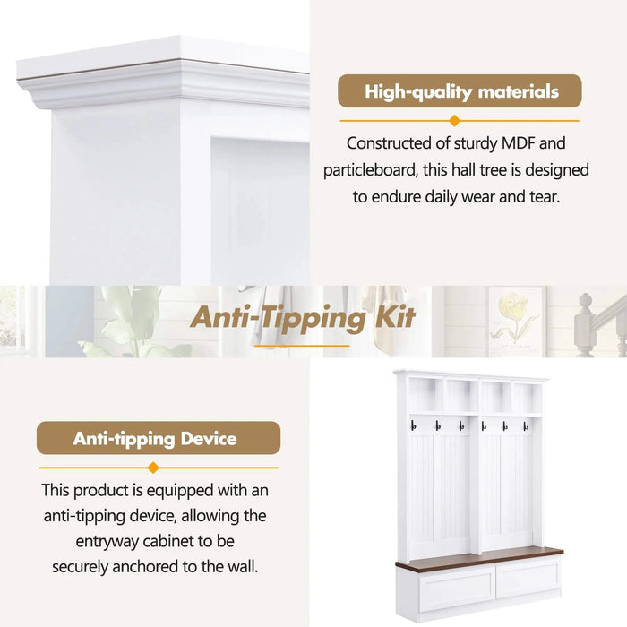 [Assembly Video] Farmhouse 4-in-1 Hall Tree with Wood Grain Bench, Mudroom Versatile Coat Rack with 2 Large Drawer, Large Entrance Organizer with 6 Black Hooks for Hallway, Living Room, White, 55.9'W Default -DTYStore