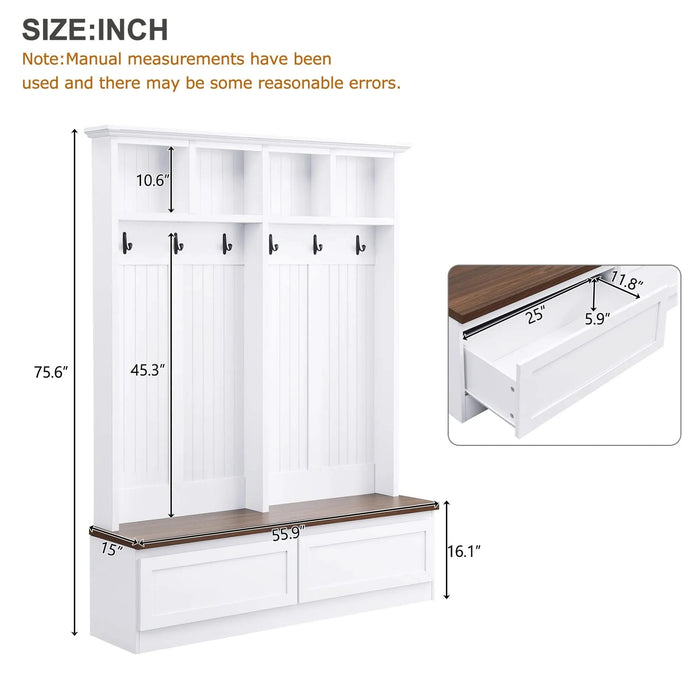 [Assembly Video] Farmhouse 4-in-1 Hall Tree with Wood Grain Bench, Mudroom Versatile Coat Rack with 2 Large Drawer, Large Entrance Organizer with 6 Black Hooks for Hallway, Living Room, White, 55.9'W Default -DTYStore
